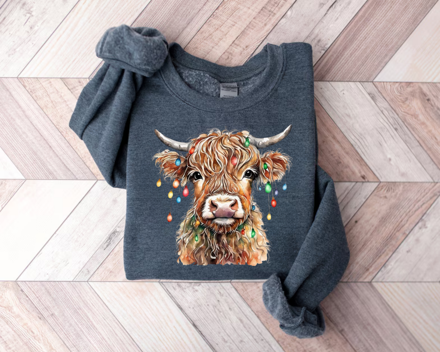 Highland Cow Lights Christmas Sweatshirts Hippo Boutique