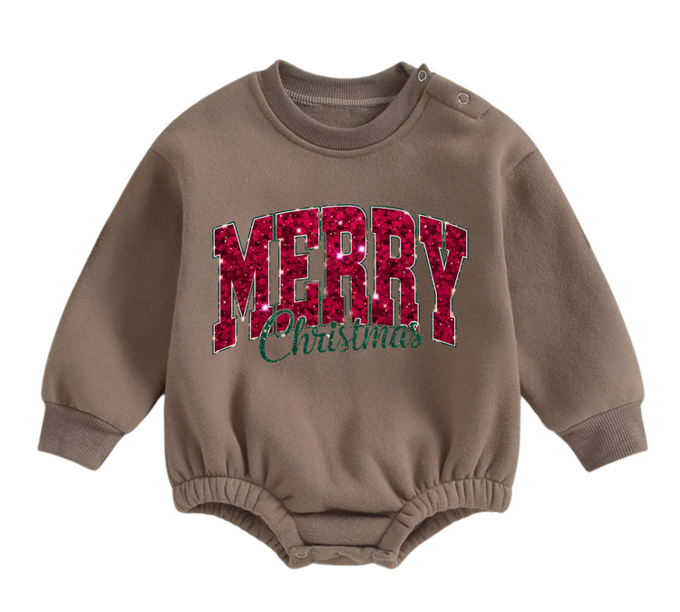 Merry Christmas fleece Baby Oversized christmas Sweatshirt Romper Hippo Boutique
