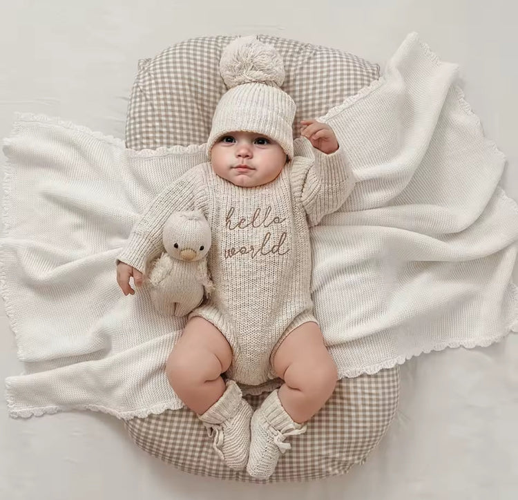 Newborn Baby Knit Bodysuit with Knitted Hat Hippo Boutique