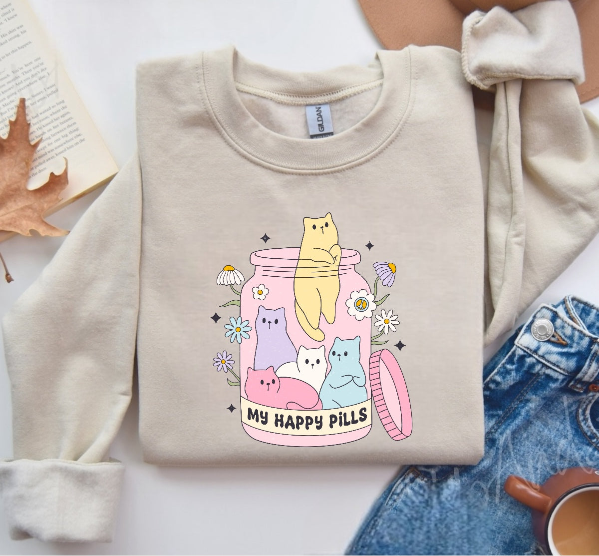 Kitty Cat Happy Pills Sweatshirts Hippo Boutique