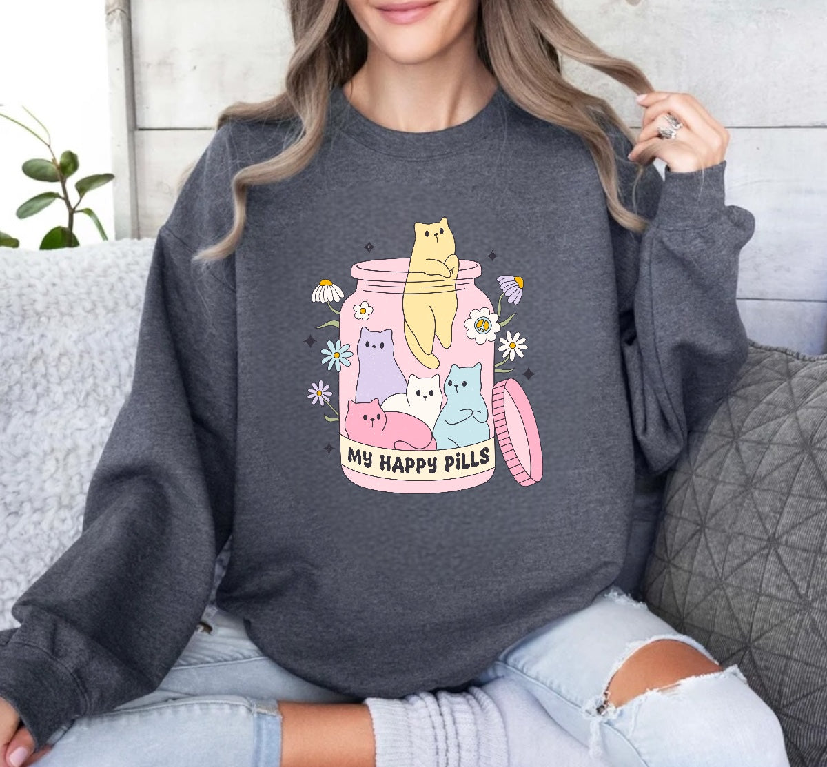 Kitty Cat Happy Pills Sweatshirts Hippo Boutique