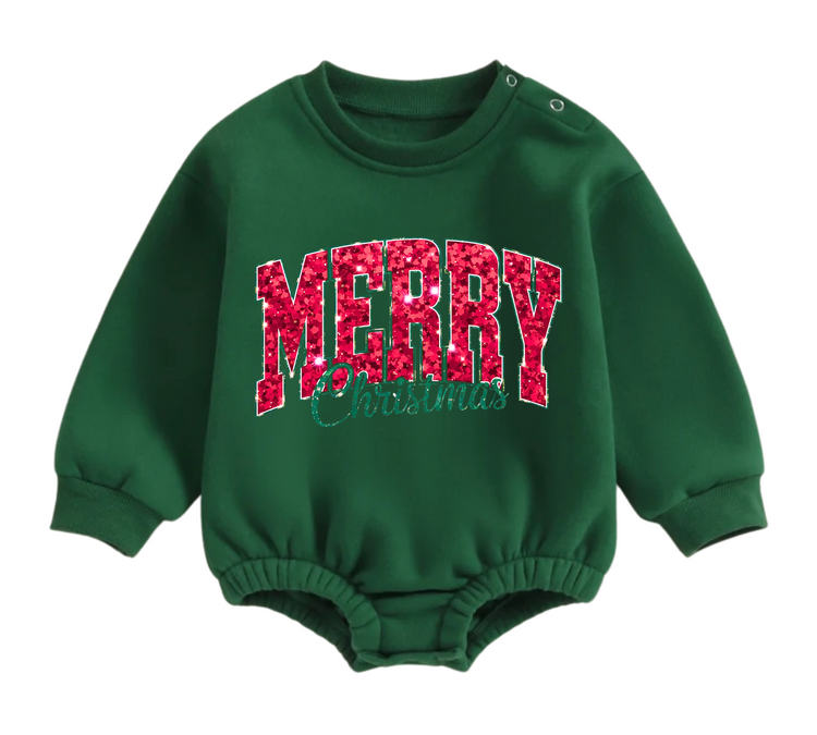 Merry Christmas fleece Baby Oversized christmas Sweatshirt Romper Hippo Boutique