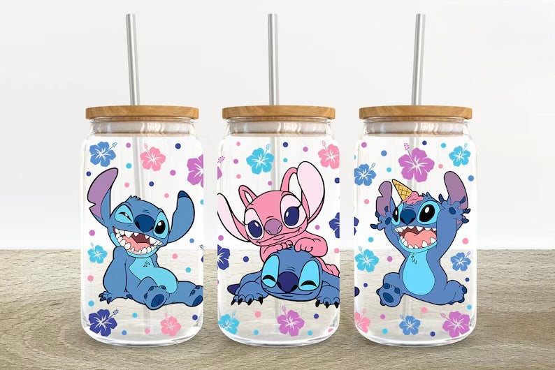 Stitch Glass Tumbler with Bamboo Lid Hippo Boutique