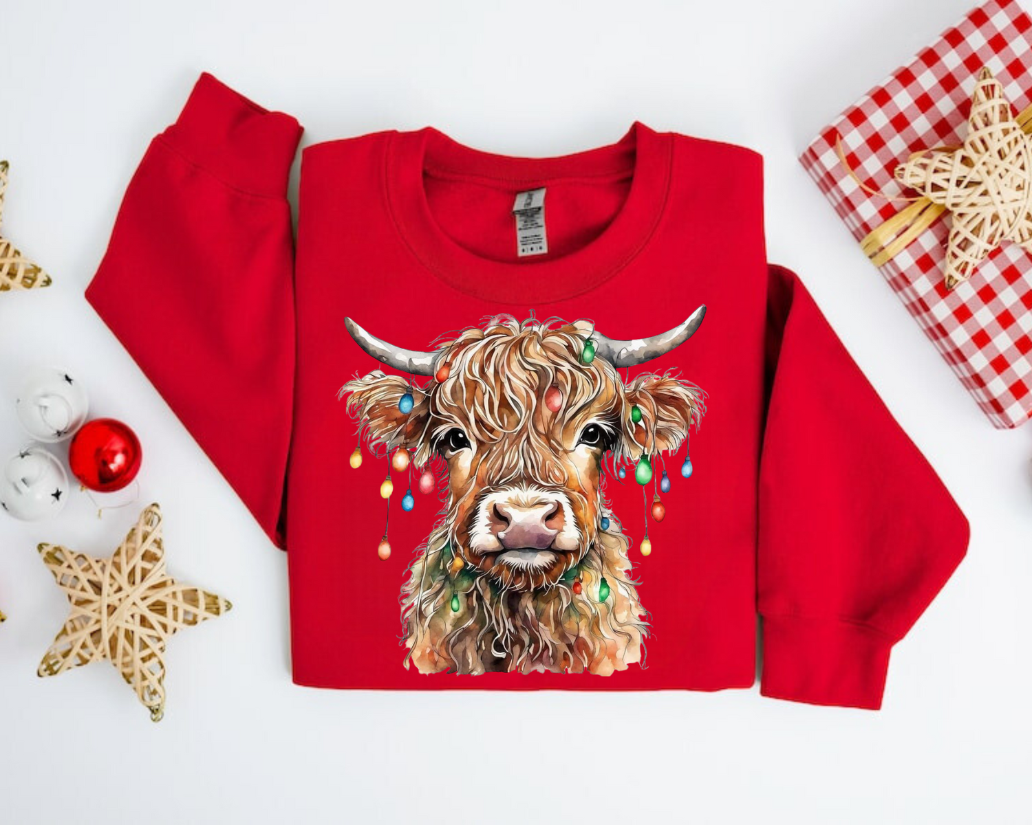 Highland Cow Lights Christmas Sweatshirts Hippo Boutique