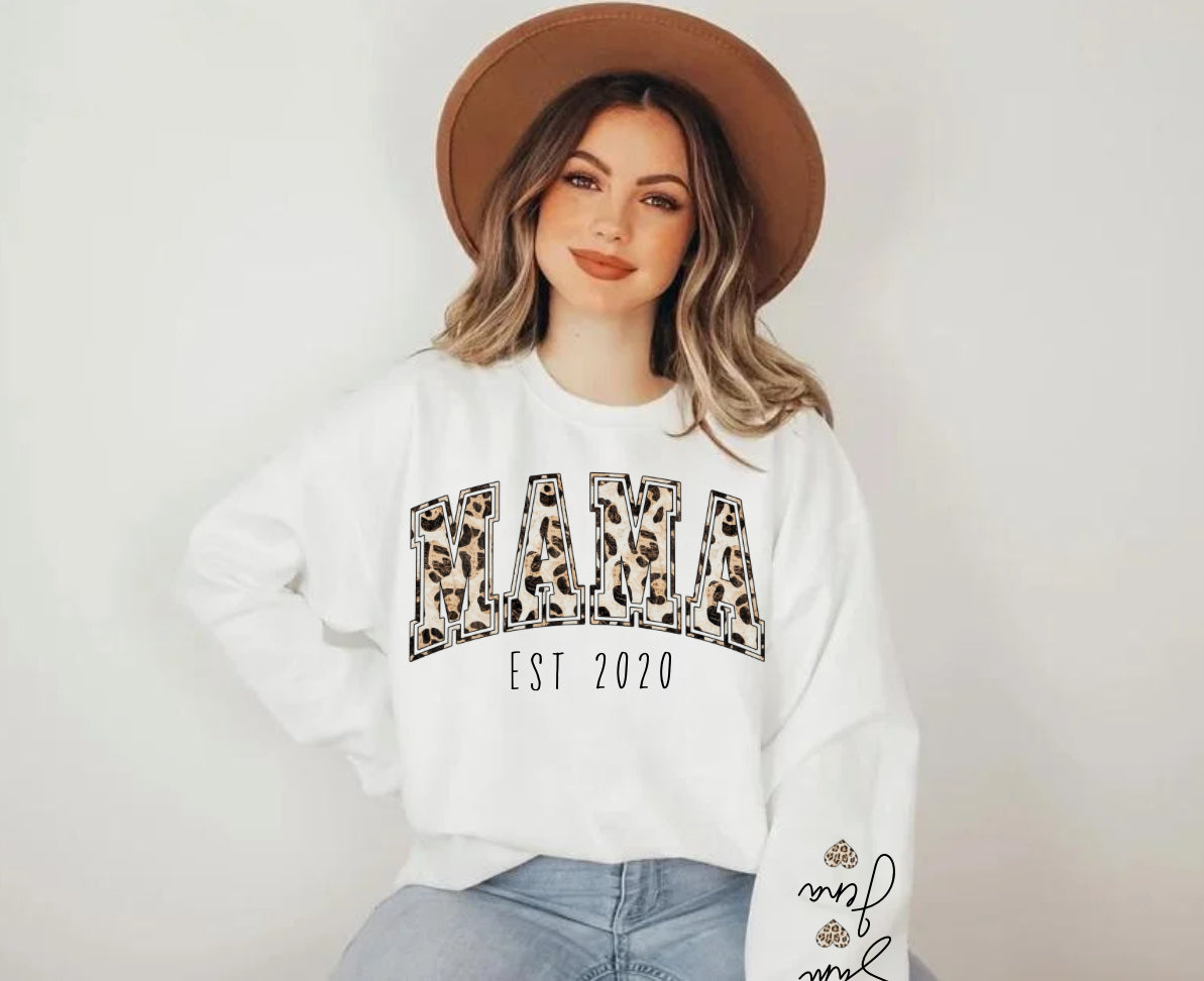 Custom Mama Leaopard Print Sweatshirt with children’s name on sleeve Hippo Boutique