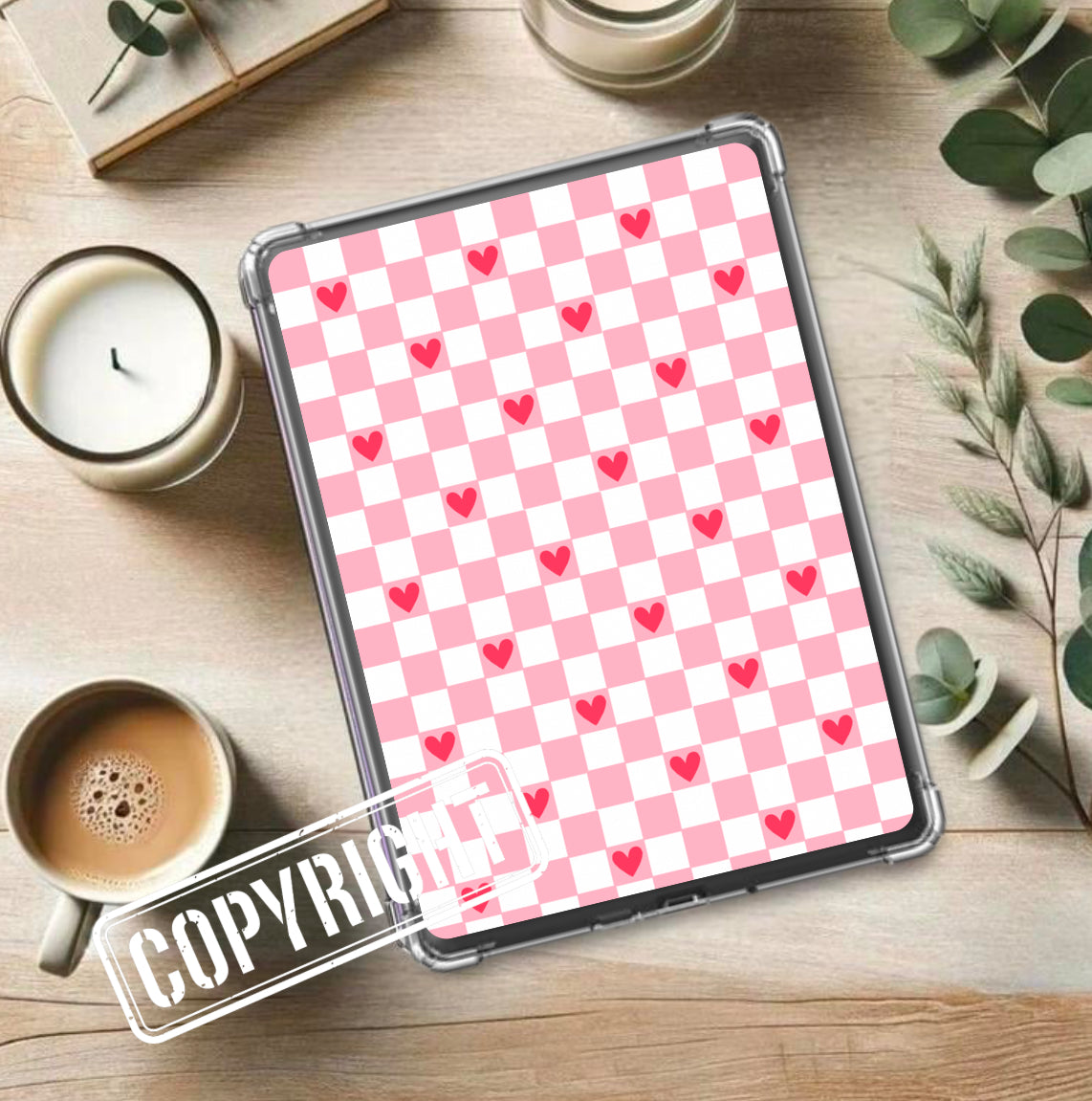 Pink checkered Kindle insert with scattered heart pattern on wooden table with candles and greenery. - Kindle Insert - Pink Checkered Hearts