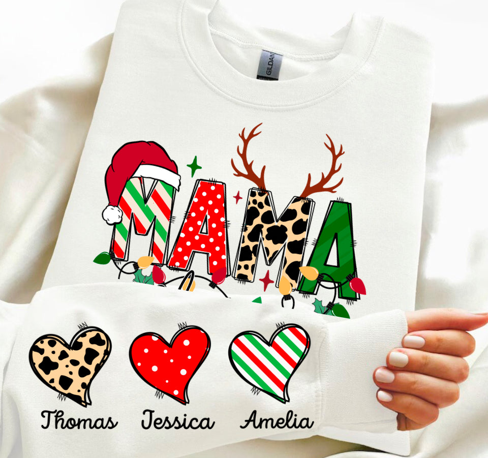 Custom Christmas Mama Sweatshirt with children’s name on sleeve Hippo Boutique