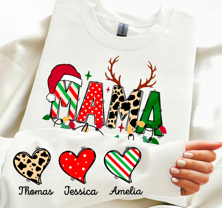 Custom Christmas Mama Sweatshirt with children’s name on sleeve Hippo Boutique
