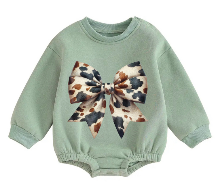 Cow Christmas Bow fleece Baby Oversized christmas Sweatshirt Romper Hippo Boutique