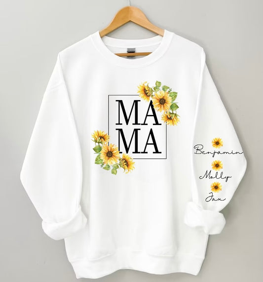 Sunflower Mama Sweatshirt with children’s name on sleeve Hippo Boutique