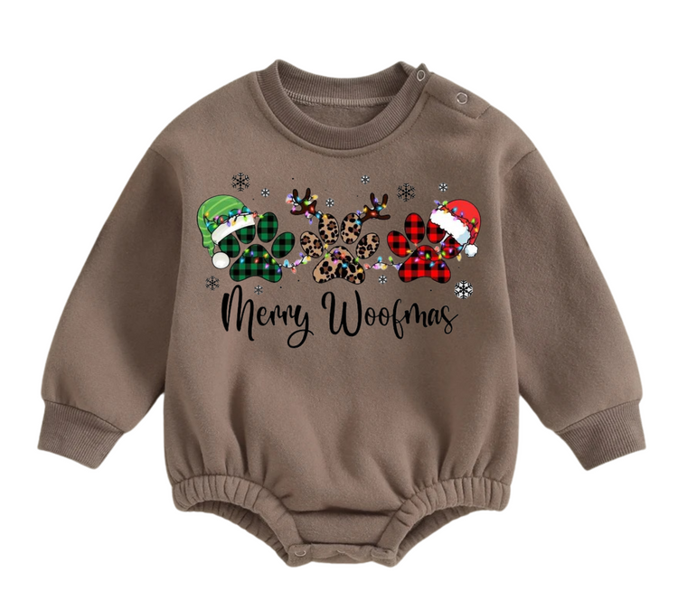 Merry Woofmas fleece Baby Oversized christmas Sweatshirt Romper Hippo Boutique