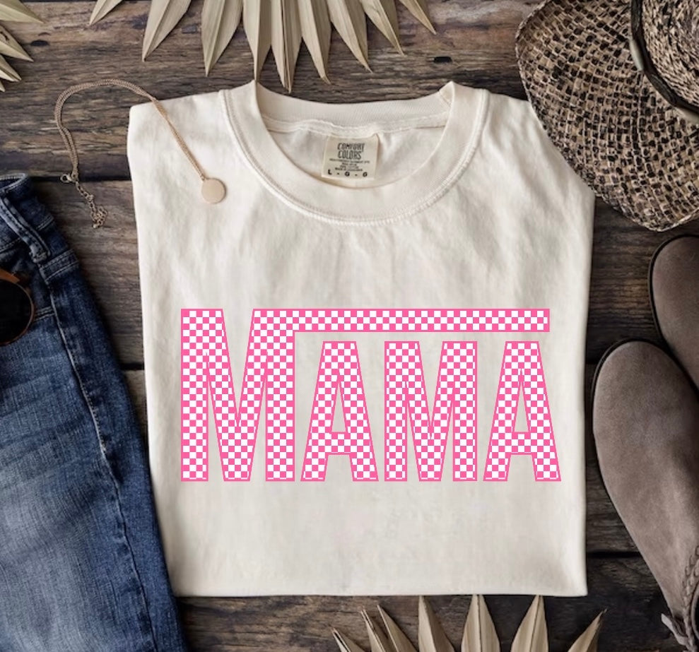 Pink Checkered Mama T-Shirts Hippo Boutique