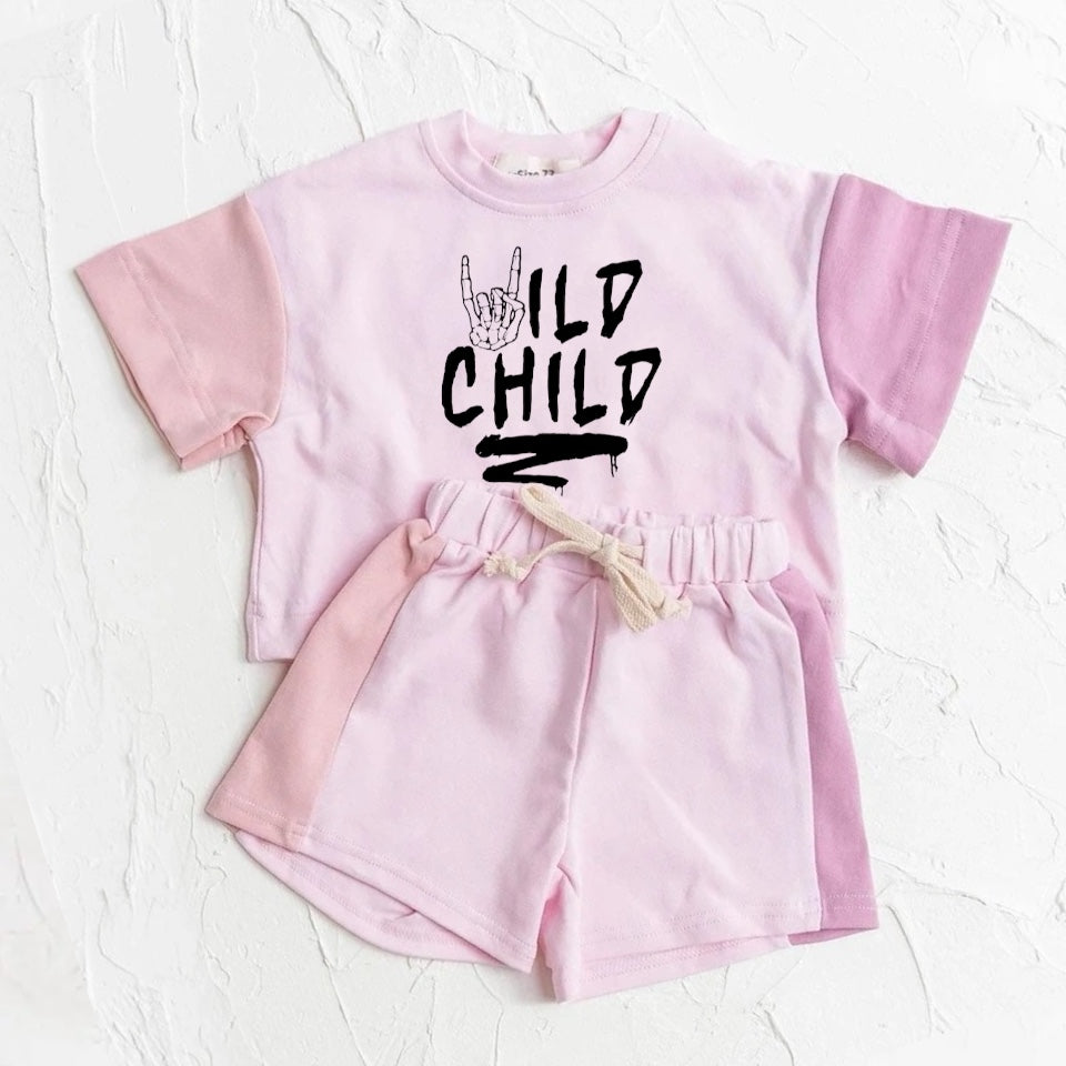 Wild Child Baby and Kids cotton color block t-shirt & shorts outfit Hippo Boutique