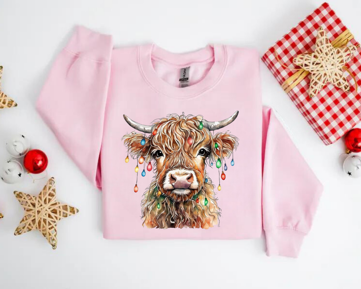 Highland Cow Lights Christmas Sweatshirts Hippo Boutique
