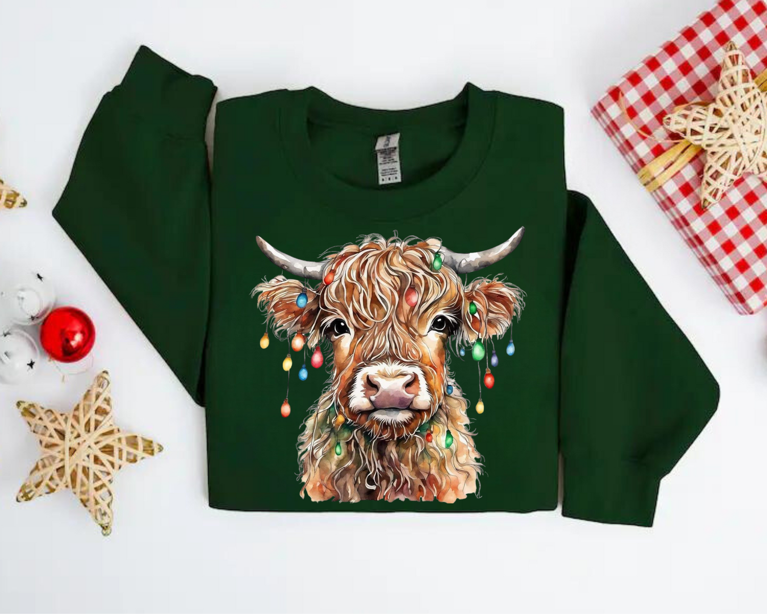 Highland Cow Lights Christmas Sweatshirts Hippo Boutique