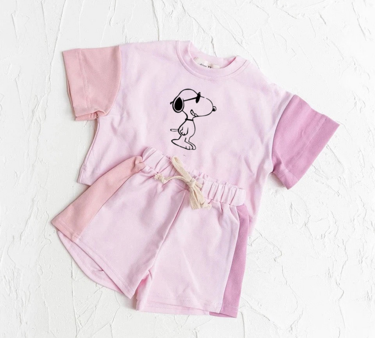 Color Block Organic Cotton Baby Outift - Dog Print T-shirt & shorts set Hippo Boutique