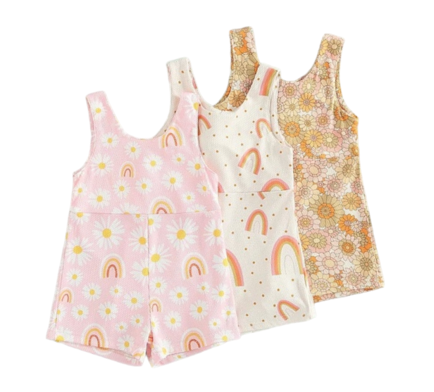 Baby and Toddler Ribbed Sleeveless Romper shorts Flower/Rainbow Print Zipper Rompers Jumpsuits Shorts Pants, baby clothes, infant jumpsuit,