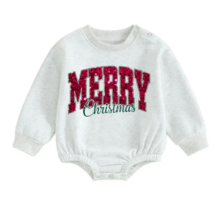 Merry Christmas fleece Baby Oversized christmas Sweatshirt Romper Hippo Boutique