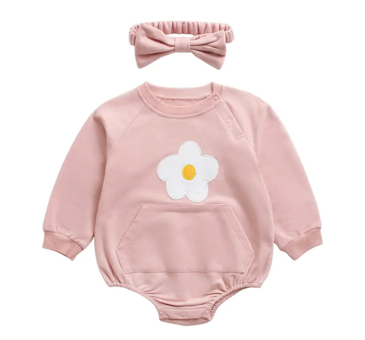 Baby girl floral sweatshirt romper with embroidered daisy and matching bow headband
