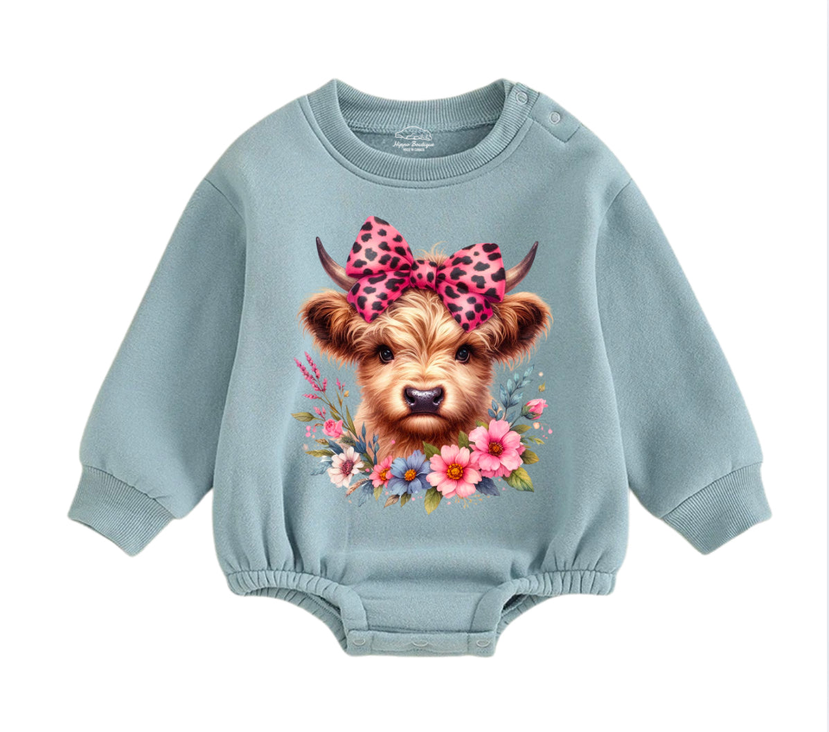 Soft warm fleece Leopard Highland Cow Oversized Sweatshirt Romper Hippo Boutique