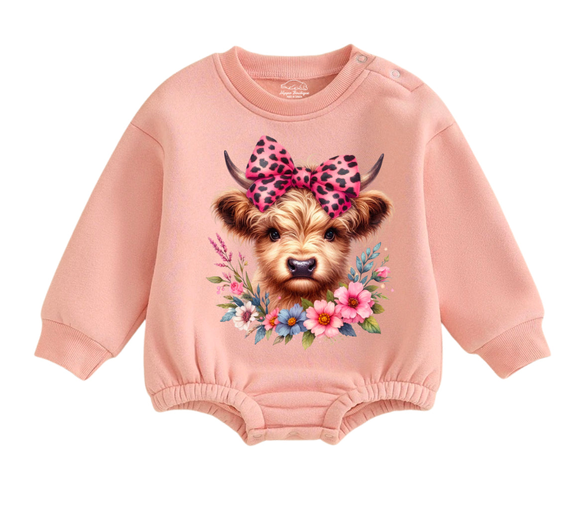 Soft warm fleece Leopard Highland Cow Oversized Sweatshirt Romper Hippo Boutique