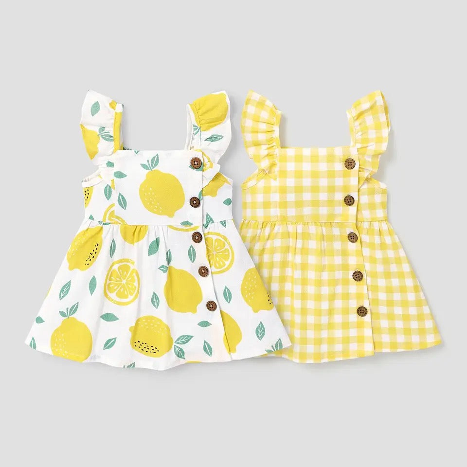 Button lemon and yellow plaid baby sleeveless ruffle dress Hippo Boutique
