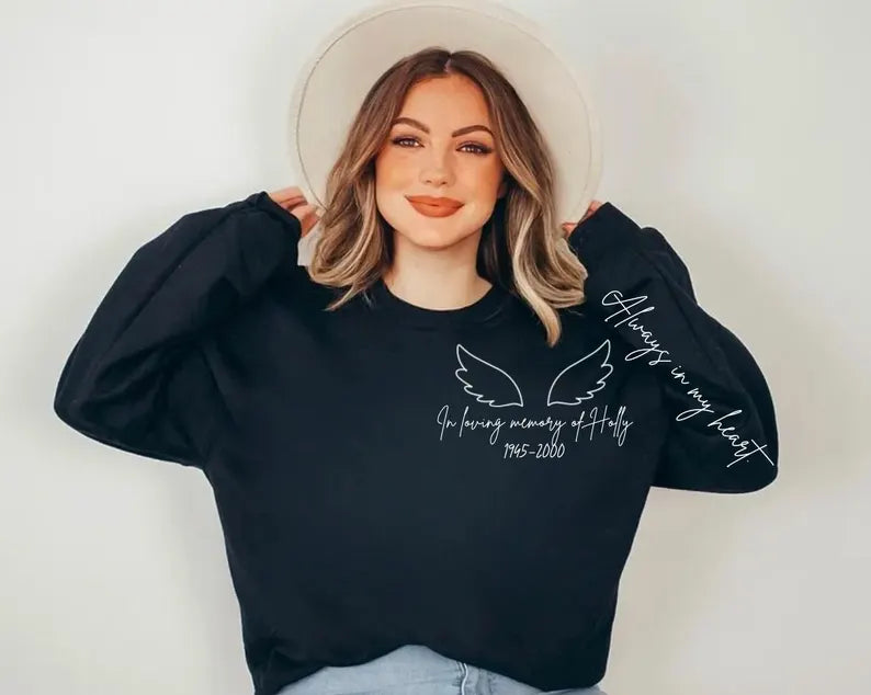 Custom memorial hoodie with name date and quote on sleeve and back Hippo Boutique