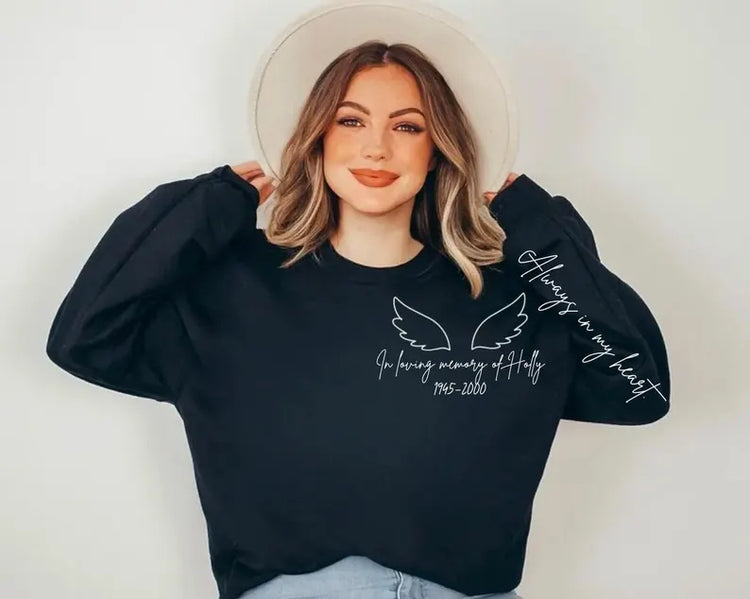 Custom memorial hoodie with name date and quote on sleeve and back Hippo Boutique