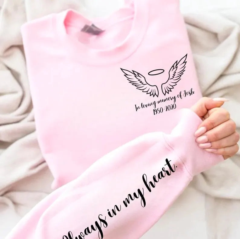 Custom memorial hoodie with name date and quote on sleeve and back Hippo Boutique