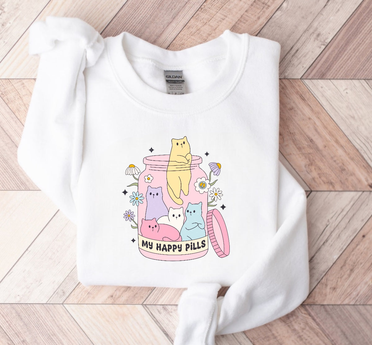 Kitty Cat Happy Pills Sweatshirts Hippo Boutique