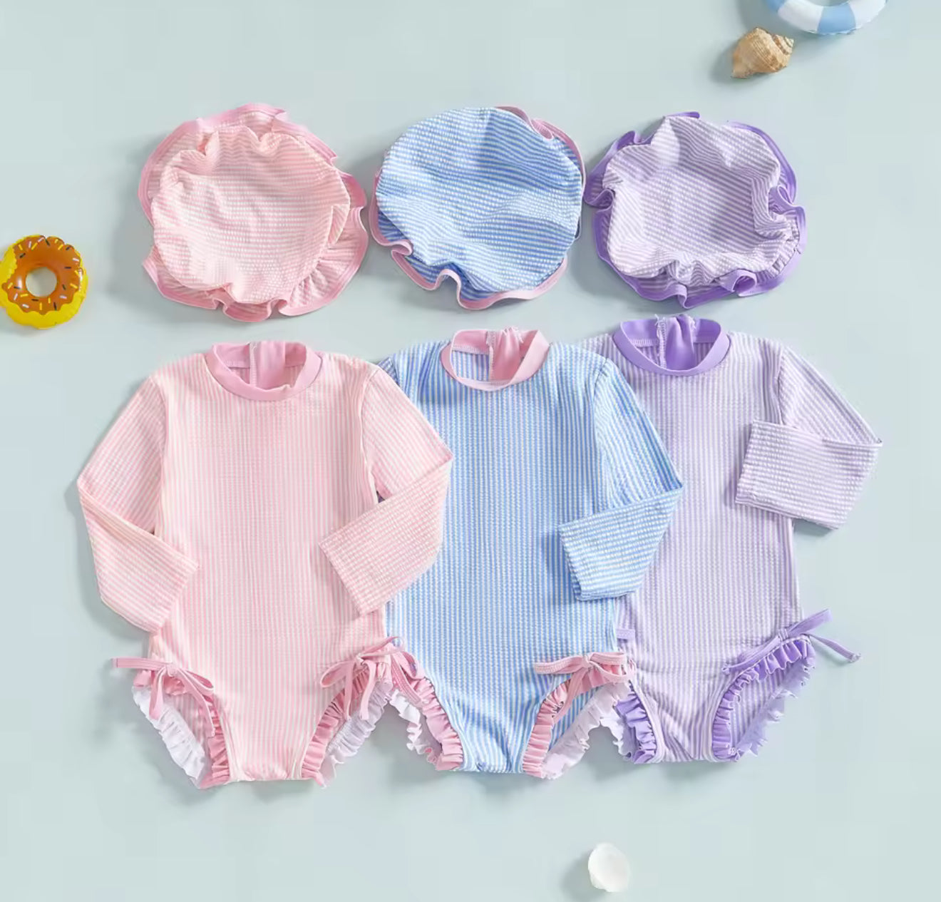 Newborn Baby & Toddler striped Zip Up Swimsuit with hat and bows Hippo Boutique