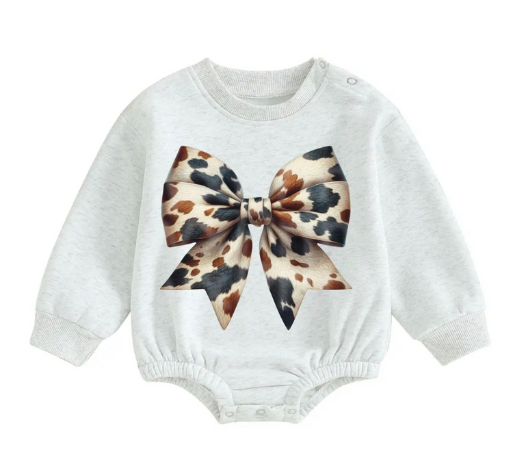 Cow Christmas Bow fleece Baby Oversized christmas Sweatshirt Romper Hippo Boutique