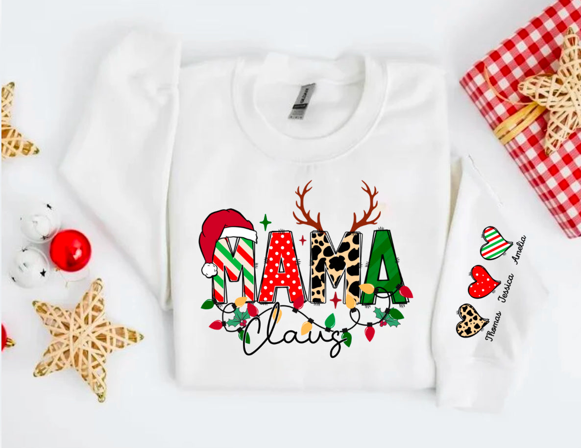 Custom Christmas Mama Sweatshirt with children’s name on sleeve Hippo Boutique