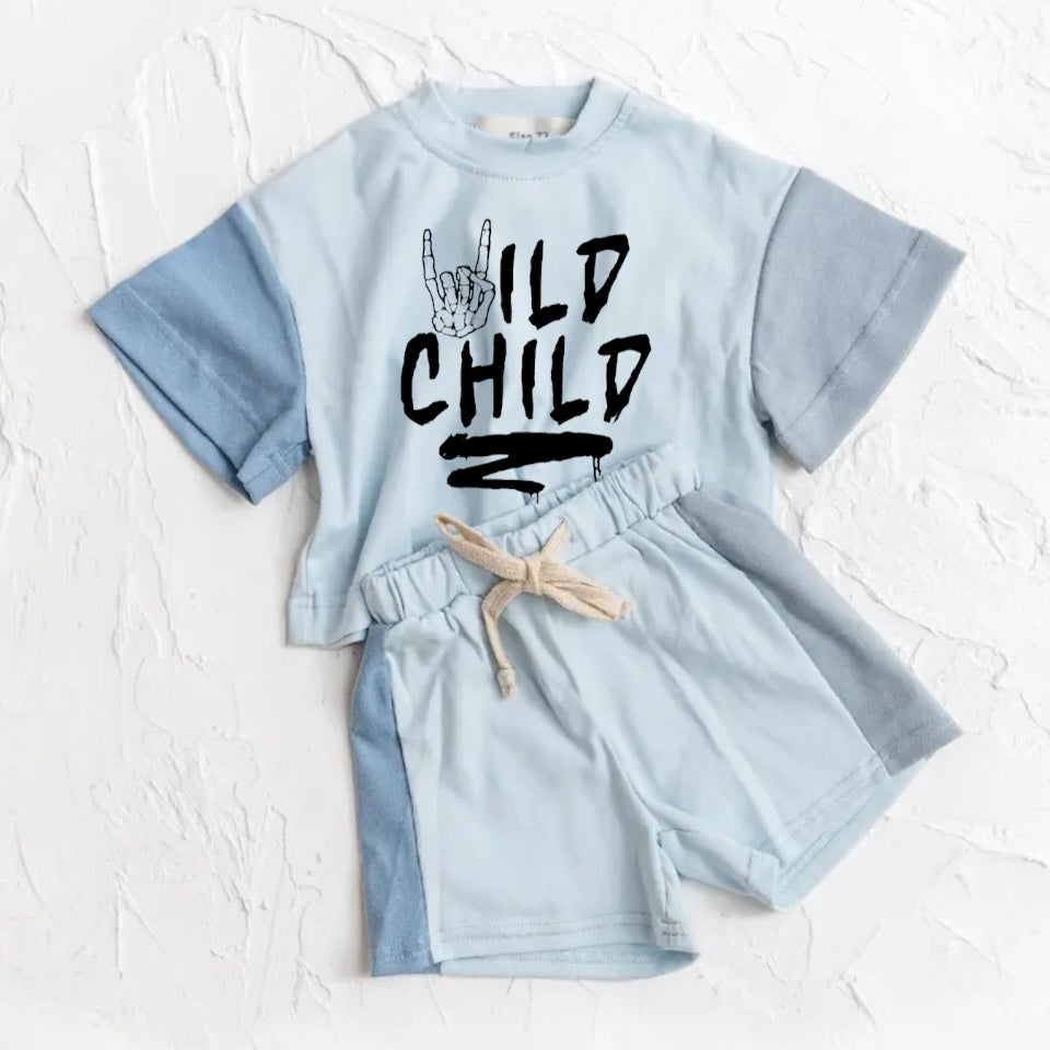 Wild Child Baby and Kids cotton color block t-shirt & shorts outfit Hippo Boutique