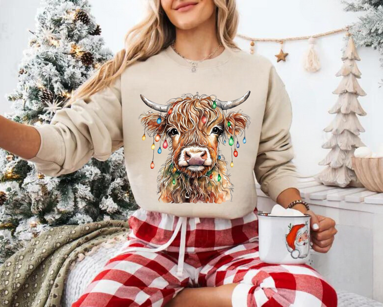Highland Cow Lights Christmas Sweatshirts Hippo Boutique