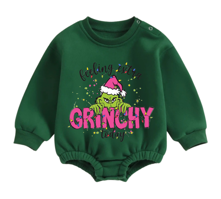 Feeling Grinchy fleece Baby Oversized christmas Sweatshirt Romper Hippo Boutique