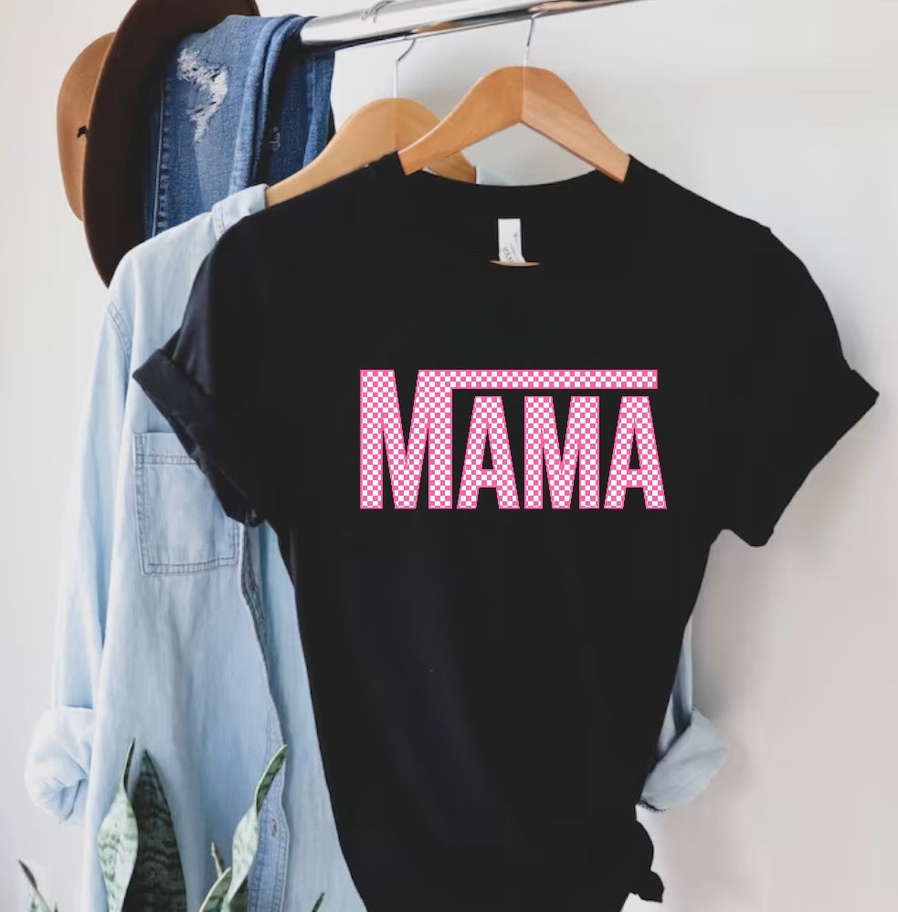 Pink Checkered Mama T-Shirts Hippo Boutique