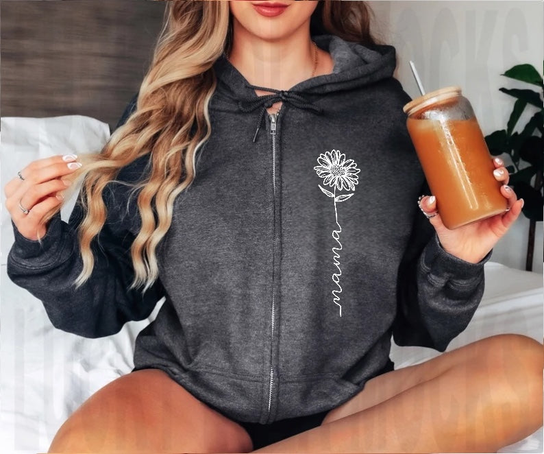 Mama Flower Zip Up Hoodie Hippo Boutique