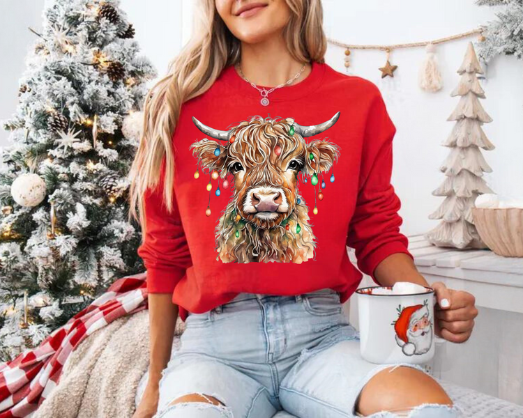 Highland Cow Lights Christmas Sweatshirts Hippo Boutique