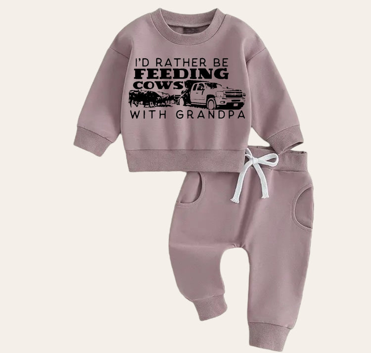Feeding cows with grandpa Baby Outfit set sweatshirt and pants Hippo Boutique