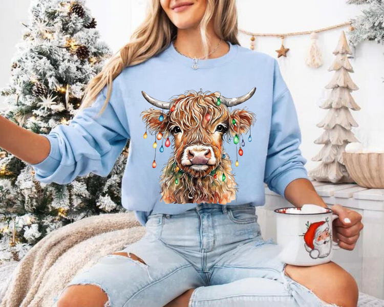 Highland Cow Lights Christmas Sweatshirts Hippo Boutique