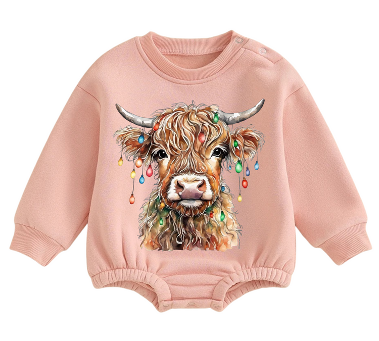 Christmas Highland Cow fleece Baby Oversized christmas Sweatshirt Romper Hippo Boutique