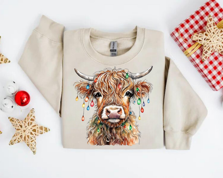 Highland Cow Lights Christmas Sweatshirts Hippo Boutique