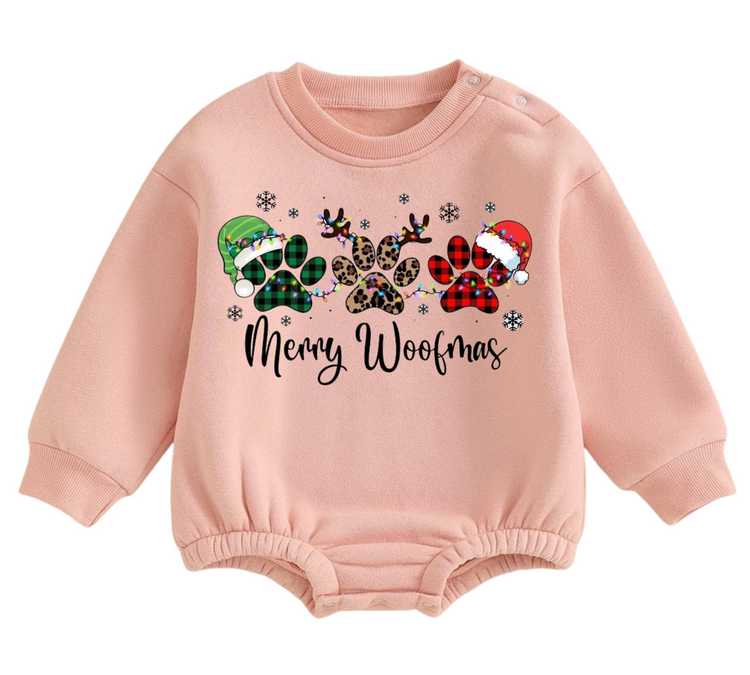 Merry Woofmas fleece Baby Oversized christmas Sweatshirt Romper Hippo Boutique