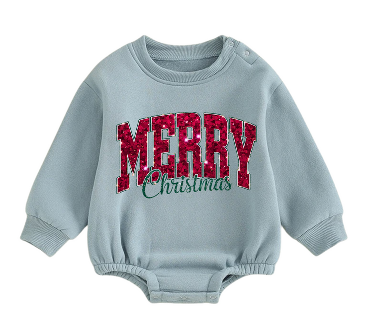 Merry Christmas fleece Baby Oversized christmas Sweatshirt Romper Hippo Boutique