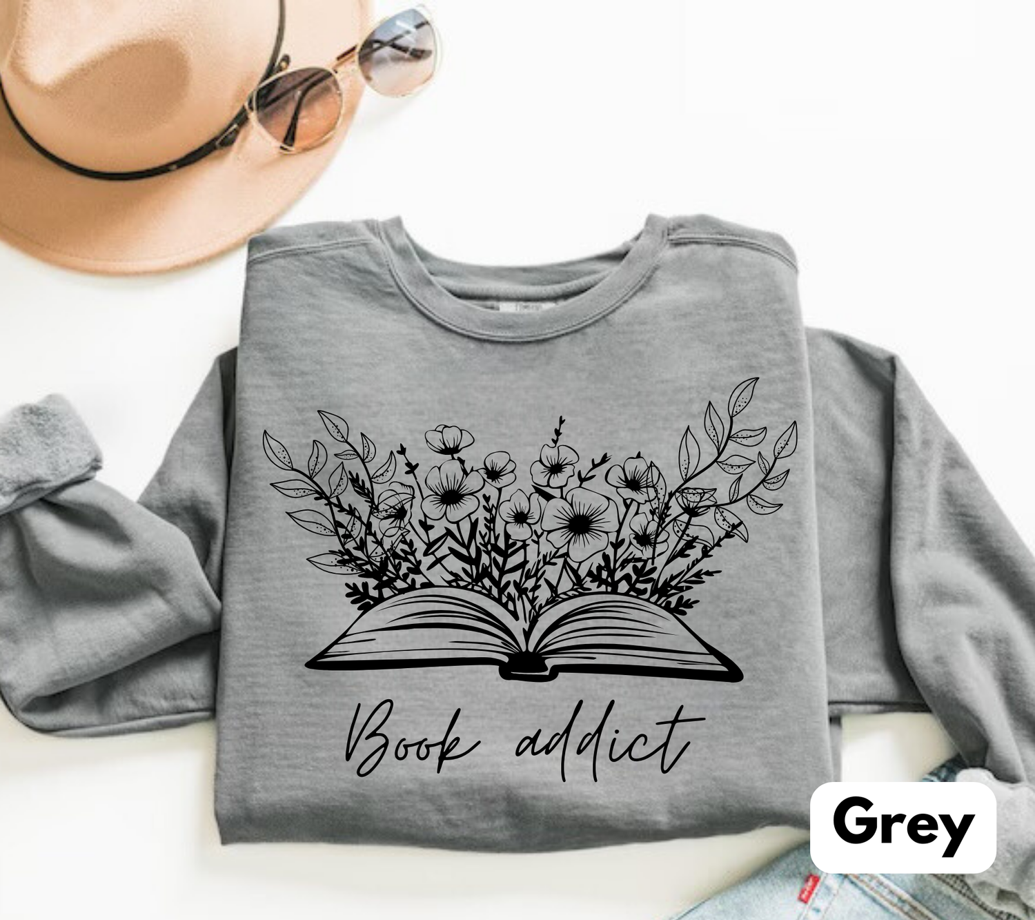 Book Addict Open floral Book Sweatshirts Hippo Boutique