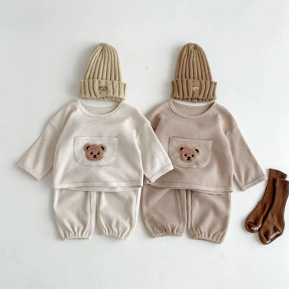 Teddy Bear Waffle Knit Sweatshirt & Pants Set Hippo Boutique