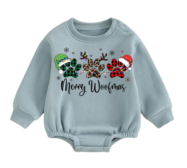 Merry Woofmas fleece Baby Oversized christmas Sweatshirt Romper Hippo Boutique