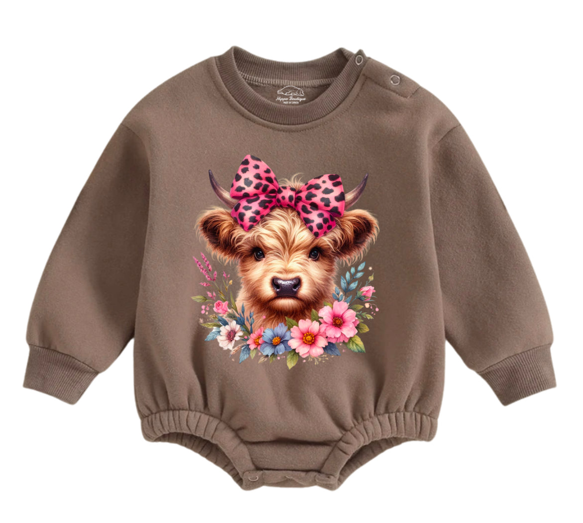 Soft warm fleece Leopard Highland Cow Oversized Sweatshirt Romper Hippo Boutique
