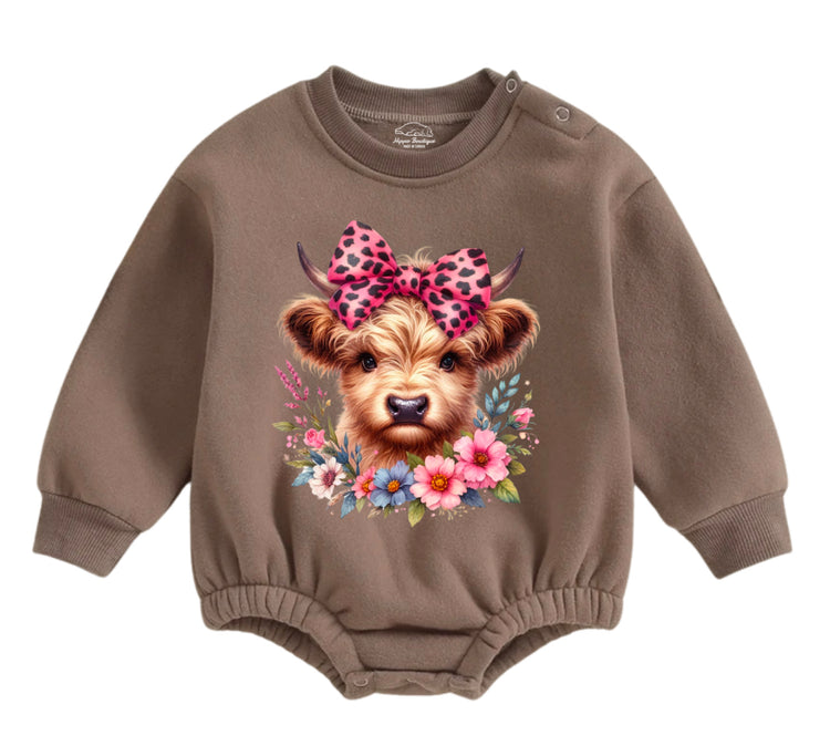 Soft warm fleece Leopard Highland Cow Oversized Sweatshirt Romper Hippo Boutique